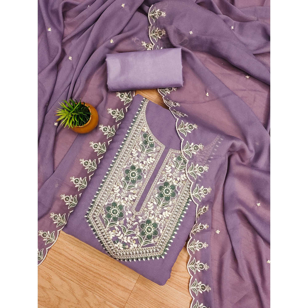 Lavender Floral Sequins Embroidered Georgette Dress Material