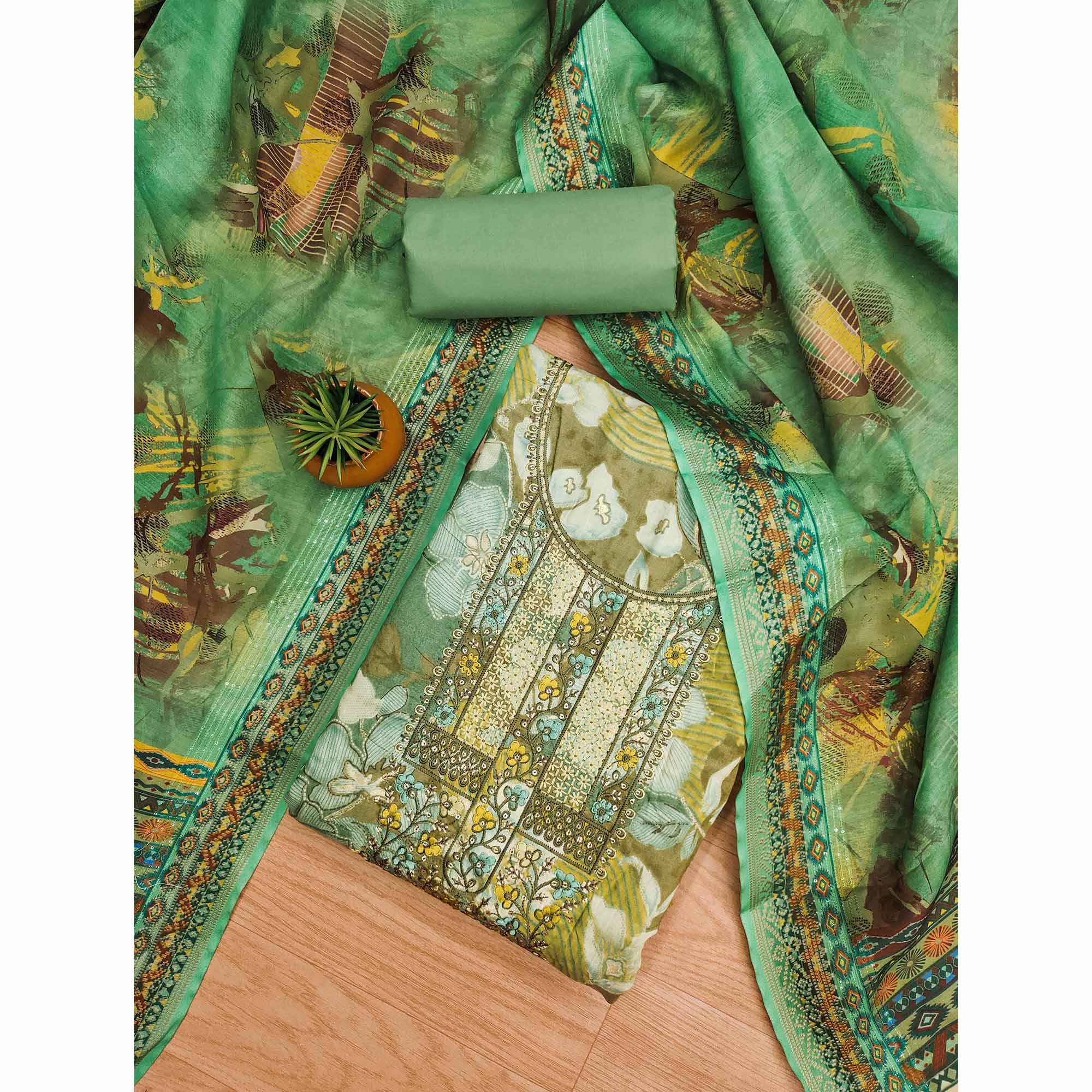 Green Floral Foil Printed With Embroidery Modal Cotton Silk Dress Material
