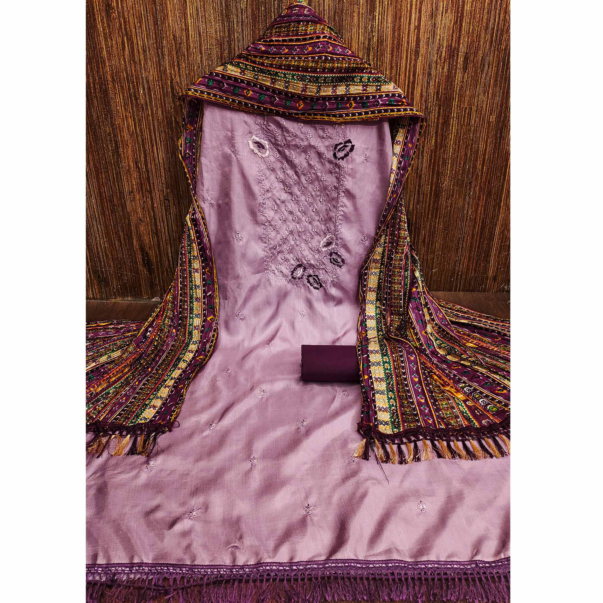 Mauve Floral Embroidered Art Silk Dress Material