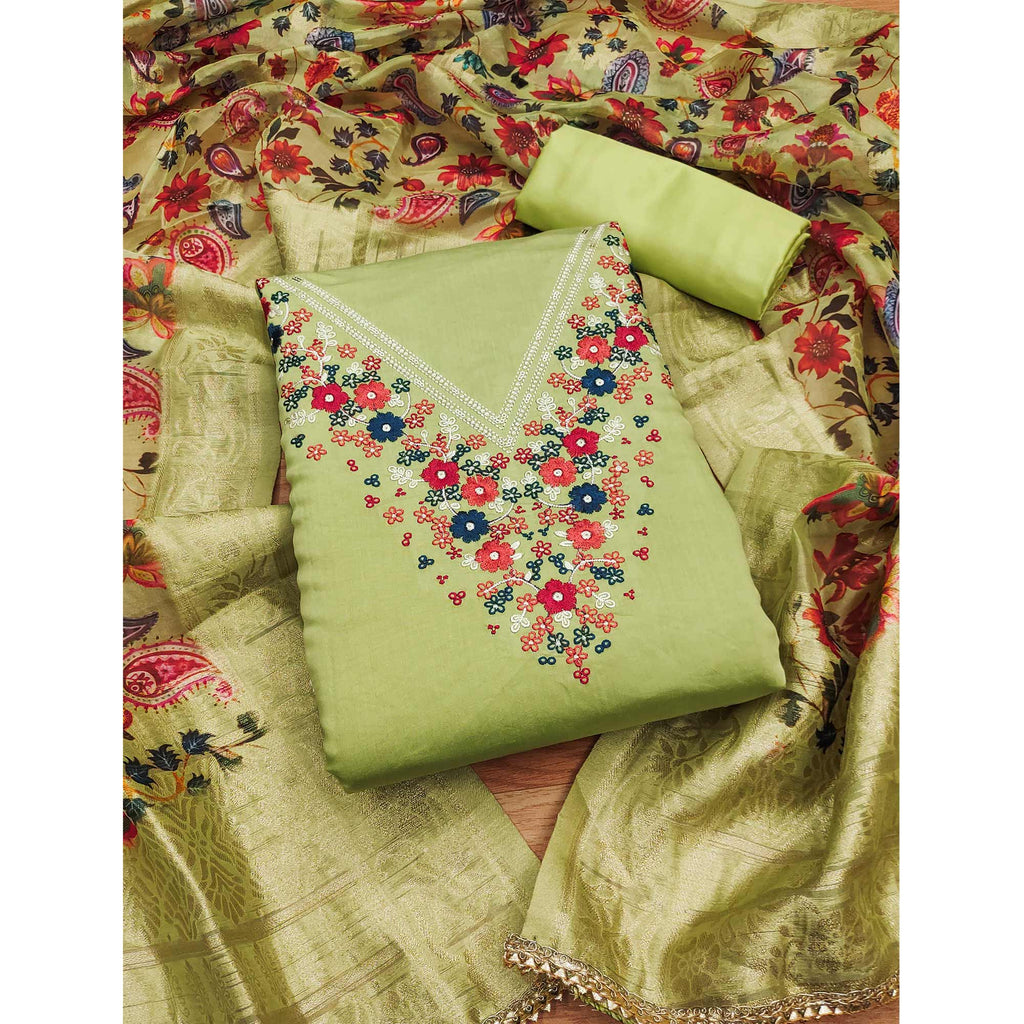 Green Floral Embroidered Roman Cottom Silk Dress Material