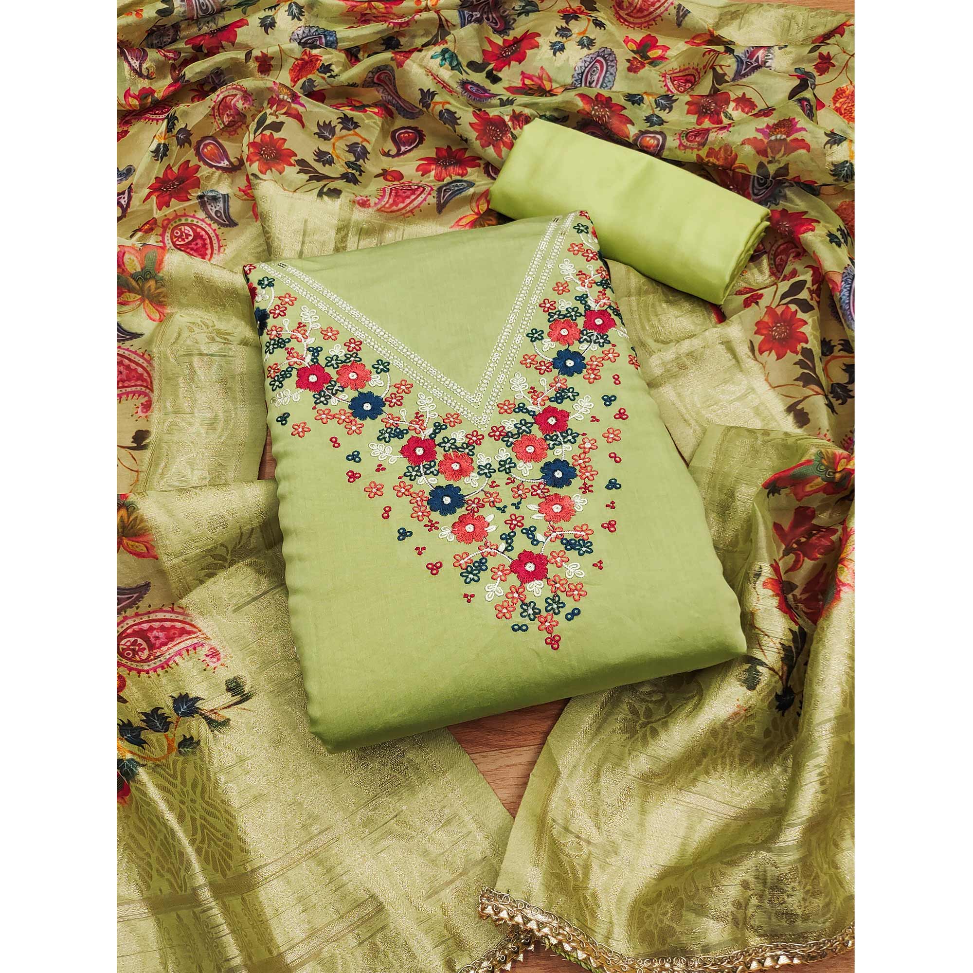 Green Floral Embroidered Roman Cottom Silk Dress Material