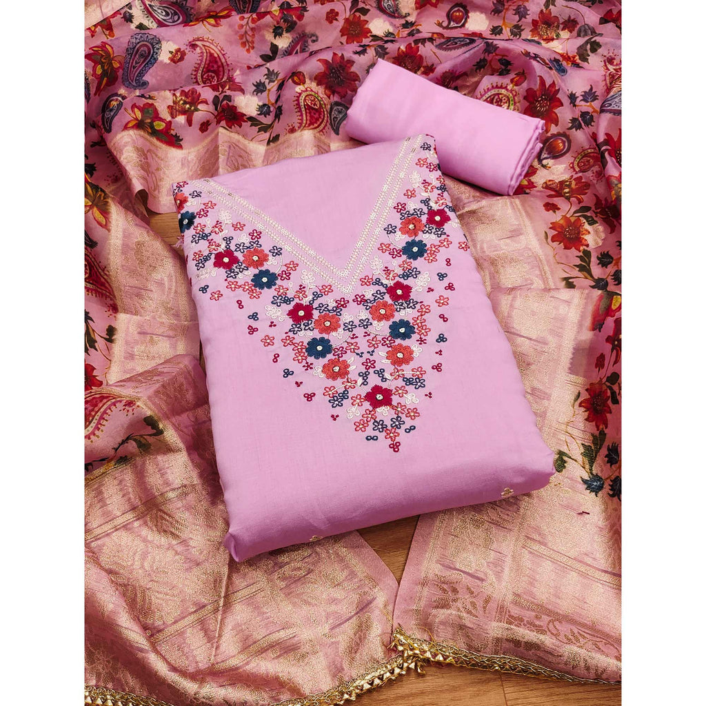 Pink Floral Embroidered Roman Cottom Silk Dress Material