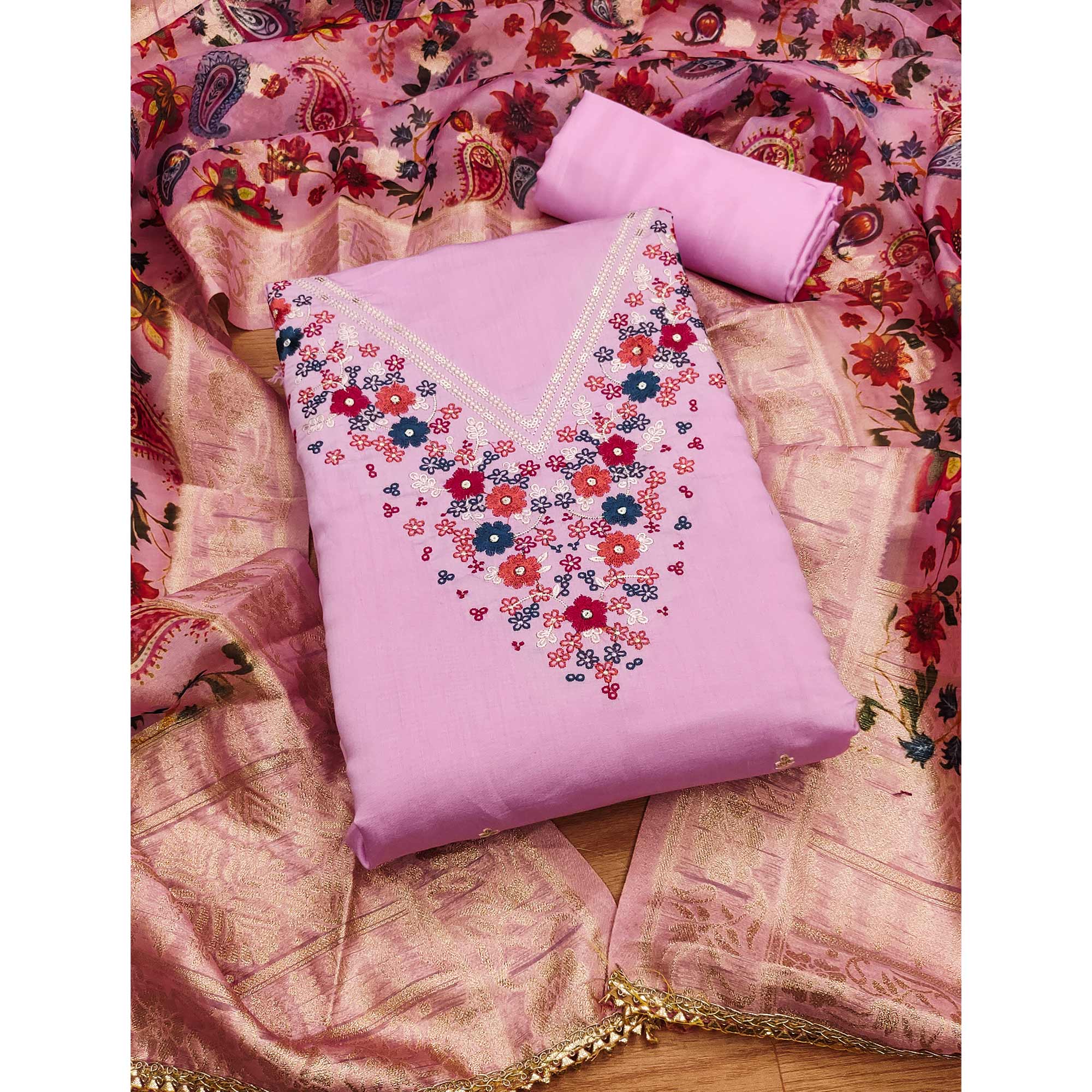 Pink Floral Embroidered Roman Cottom Silk Dress Material