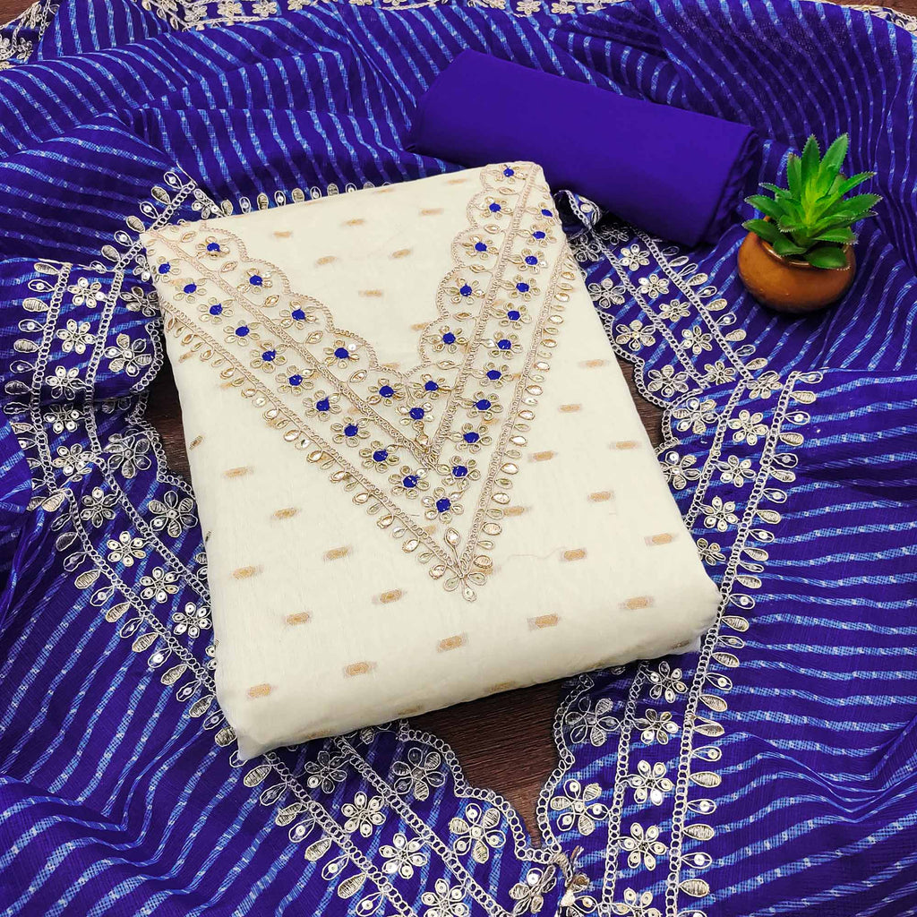 Off White & Blue Embroidered Chanderi Dress Material
