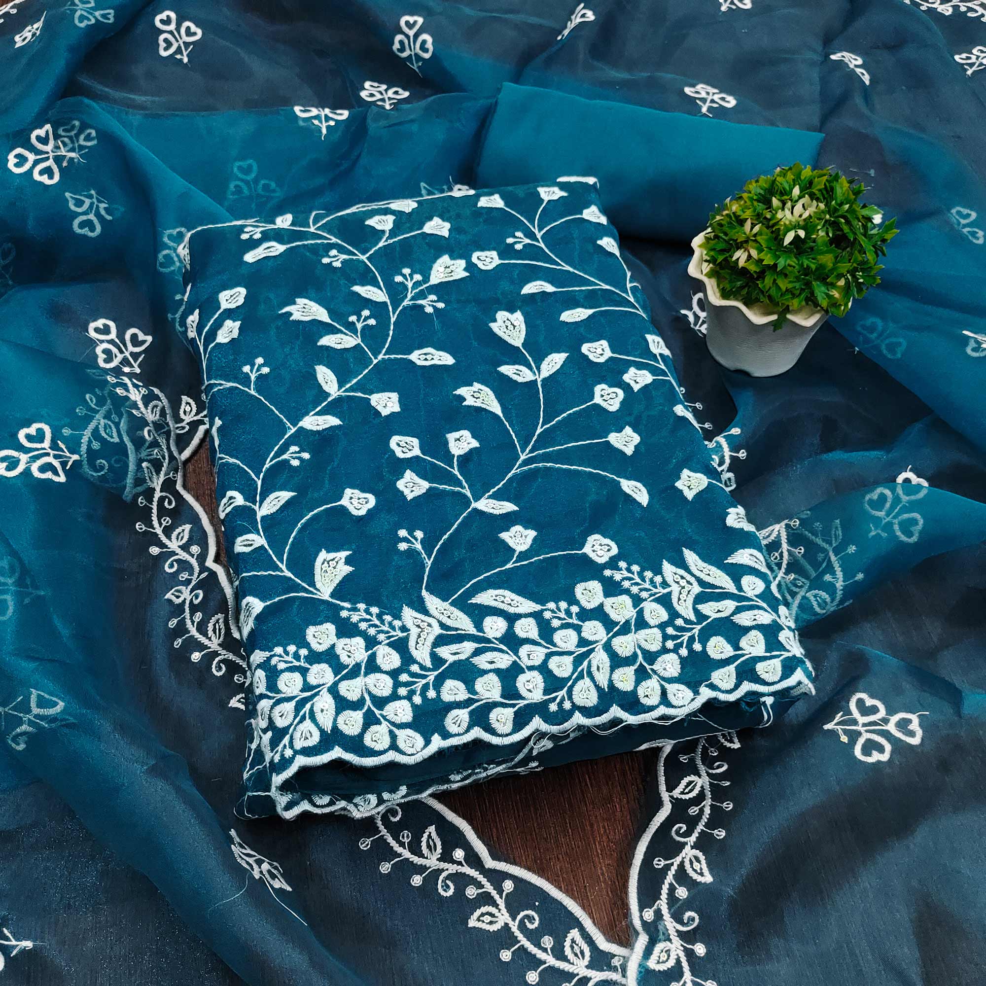 Morpich Floral Sequins Embroidered Organza Dress Material