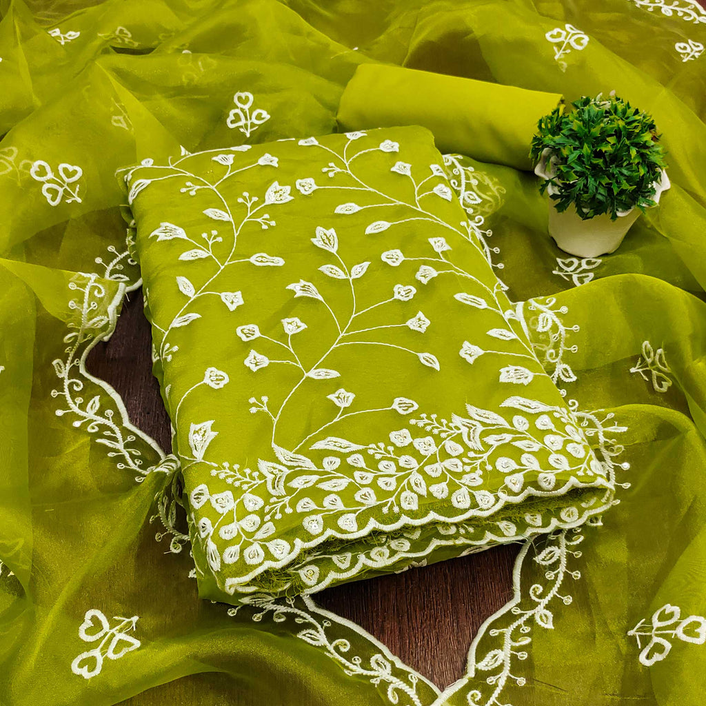 Parrot Green Floral Sequins Embroidered Organza Dress Material