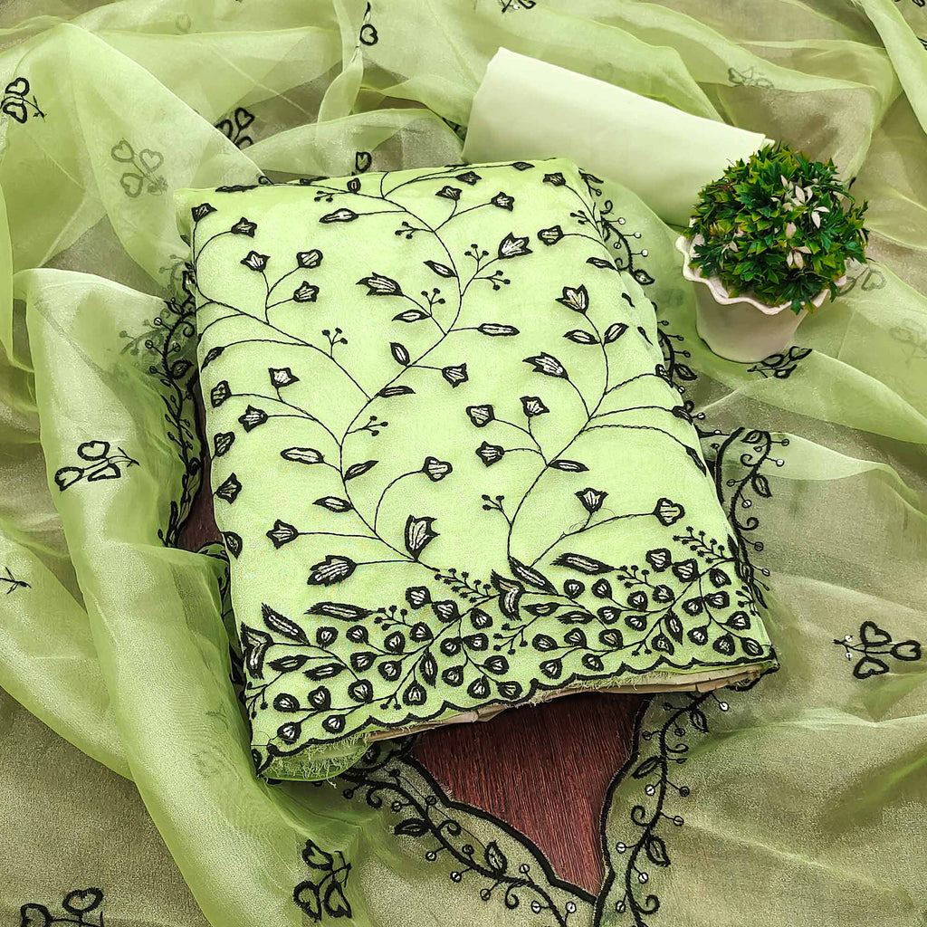 Pista Green Floral Sequins Embroidered Organza Dress Material