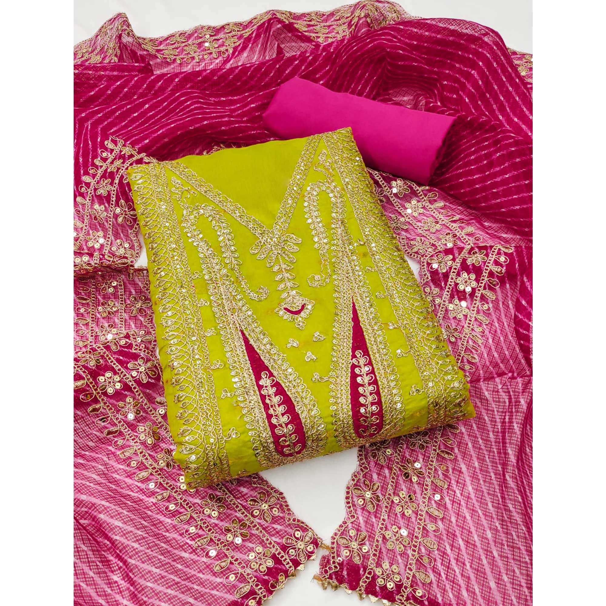 Green Woven With Sequins Embroidery Chanderi Dress Material