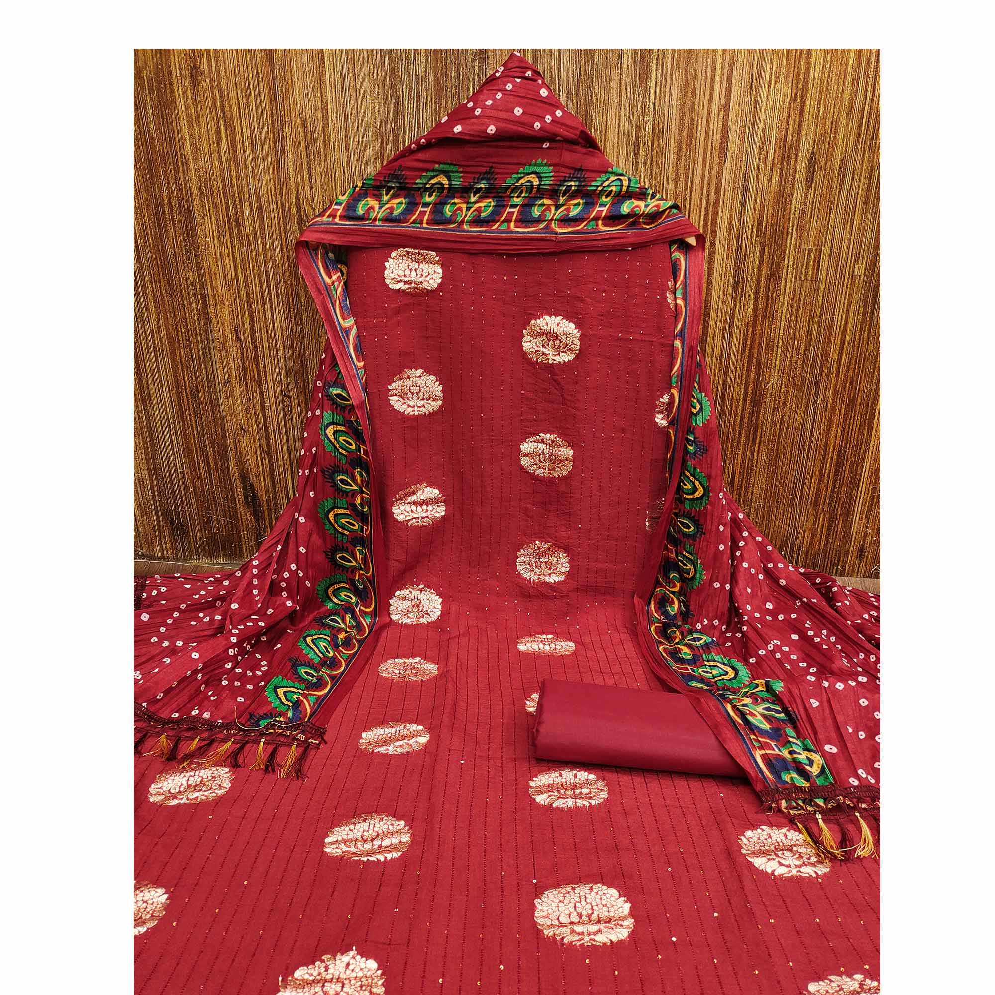 Maroon Sequins Embroidered With Woven Jacquard Dress Material