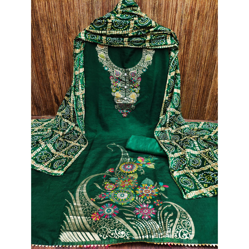 Green Floral Woven Chanderi Jacquard Dress Material