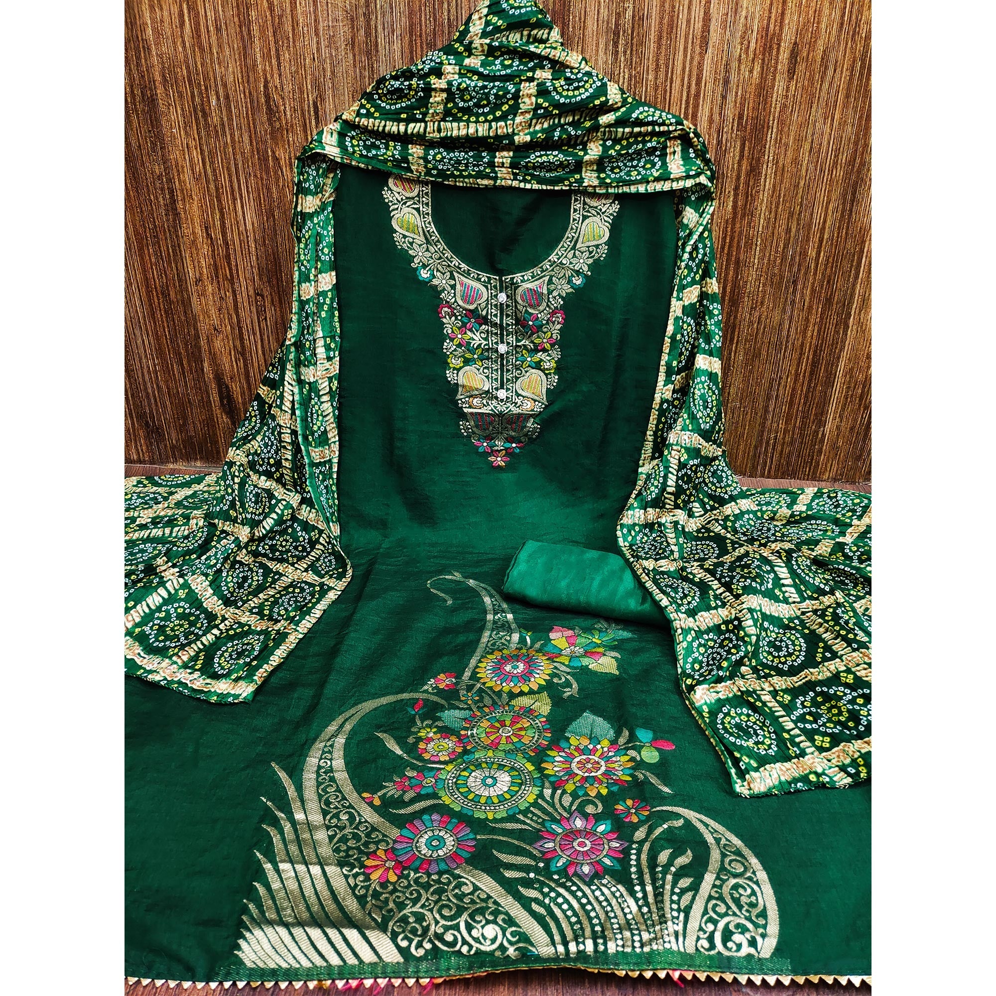 Green Floral Woven Chanderi Jacquard Dress Material