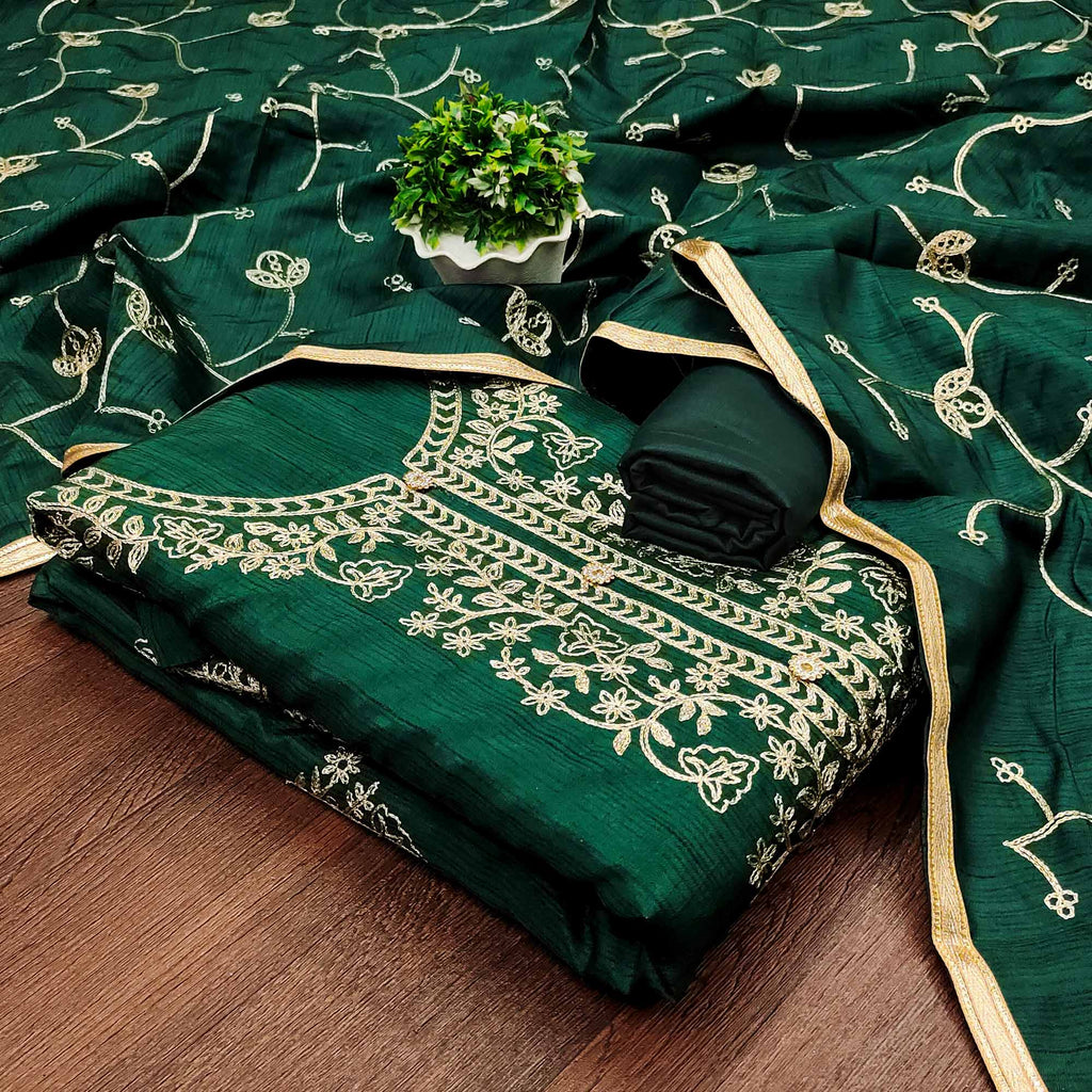 Green Floral Embroidered Art Silk Dress Material