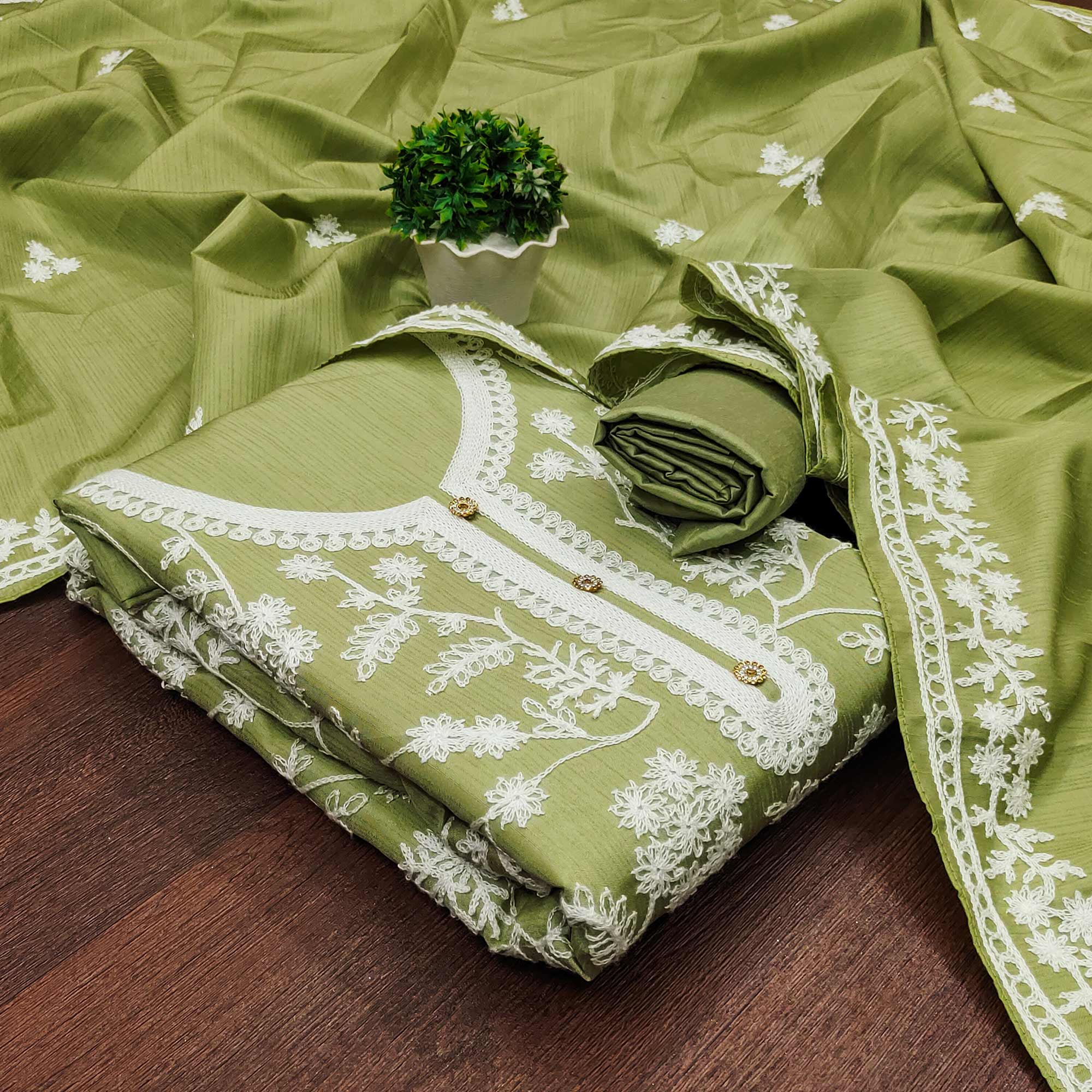 Green Floral Embroidered Art Silk Dress Material
