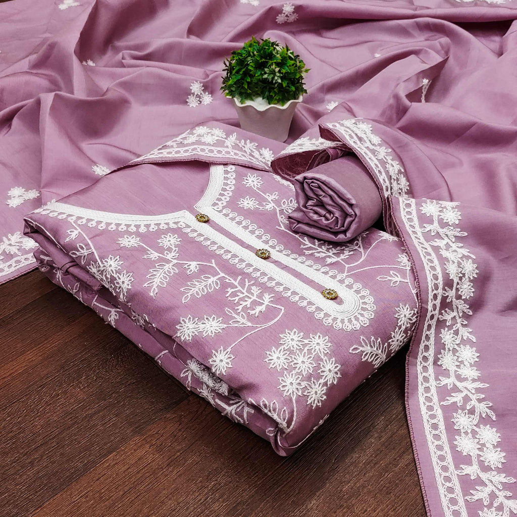 Onion Pink Floral Embroidered Art Silk Dress Material