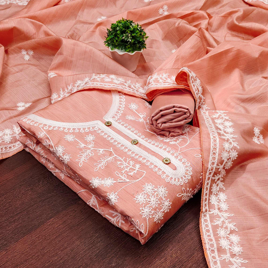 Peach Floral Embroidered Art Silk Dress Material