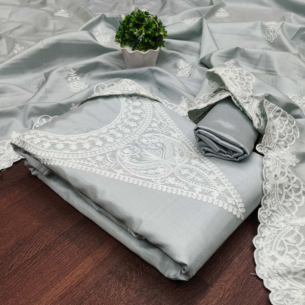 Grey Paisley Floral Embroidered Art Silk Dress Material