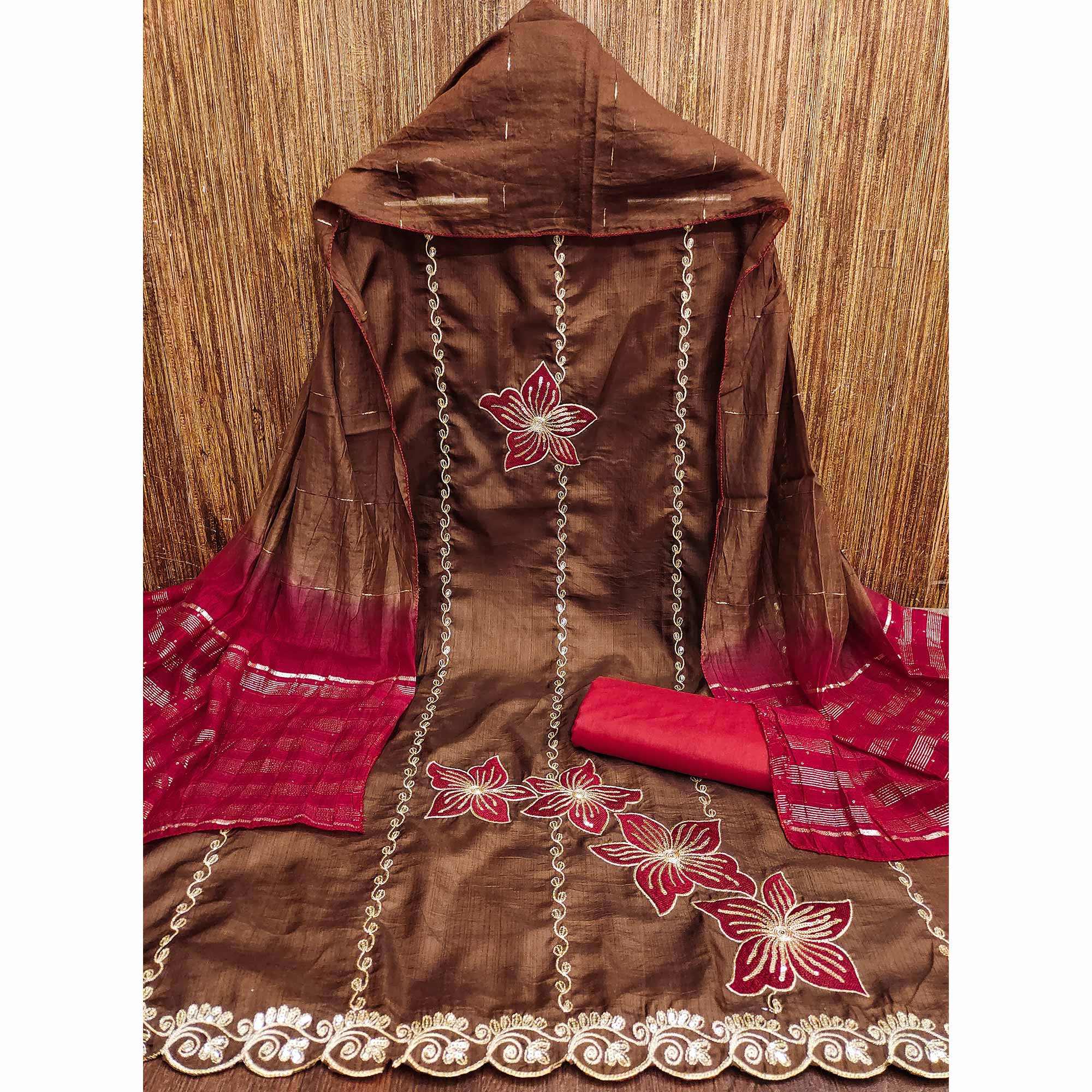 Brown Floral Sequins Embroidered Art Silk Dress Material