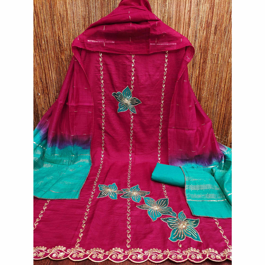 Pink Floral Sequins Embroidered Art Silk Dress Material