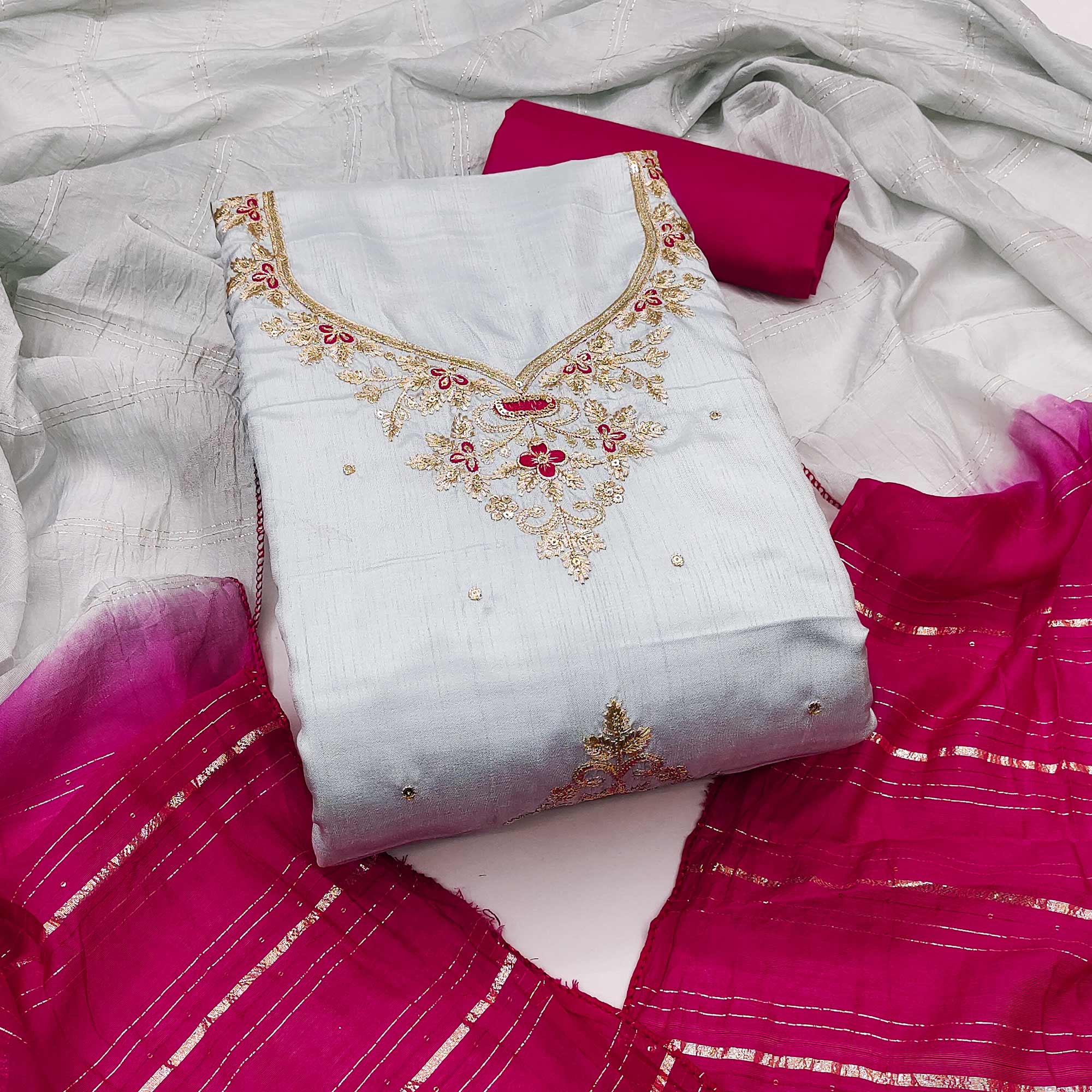 Grey Floral Sequins Embroidered Art Silk Dress Material