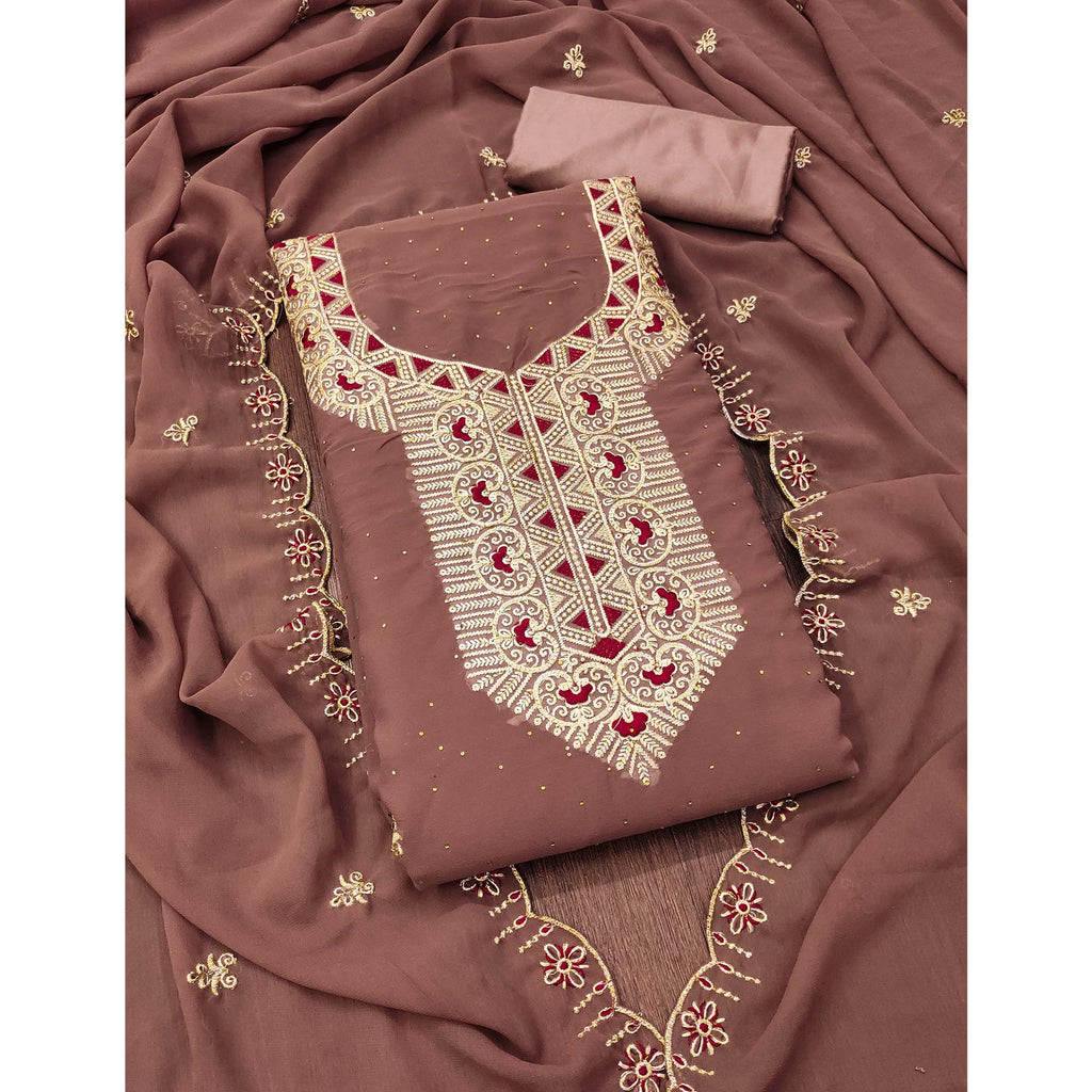 Brown Floral Embroidered With Stonework Georgette Dress Material