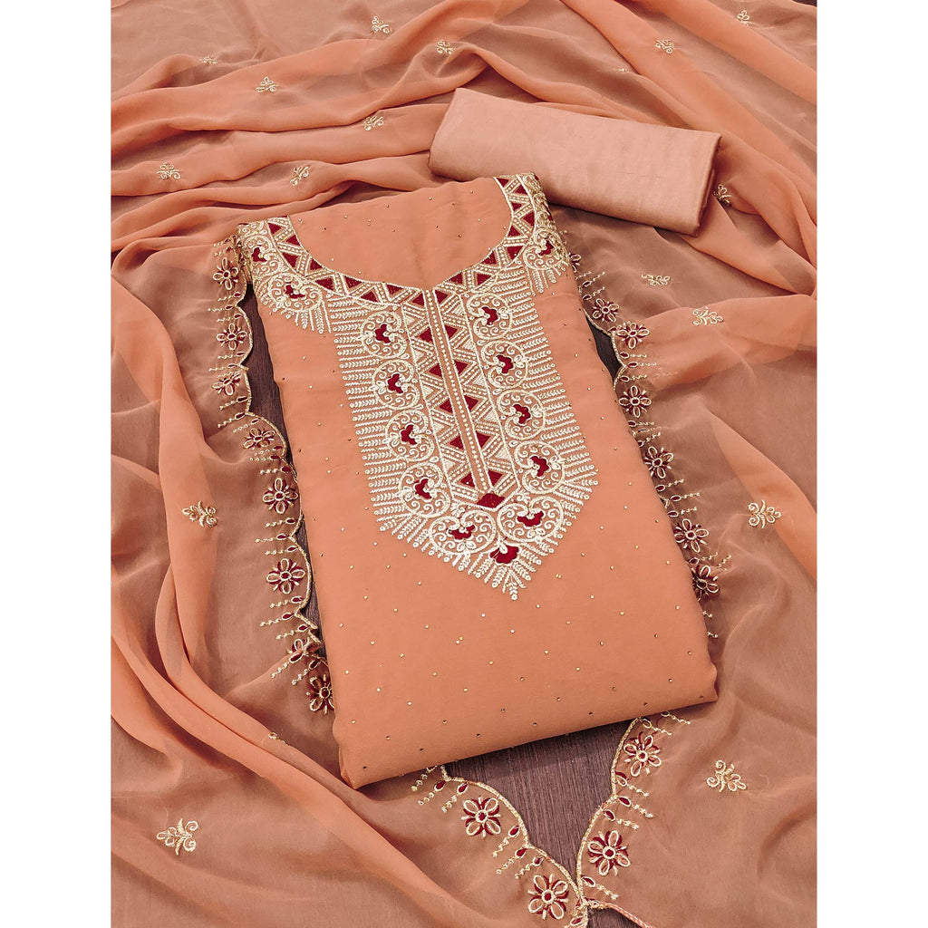 Peach Floral Embroidered With Stonework Georgette Dress Material