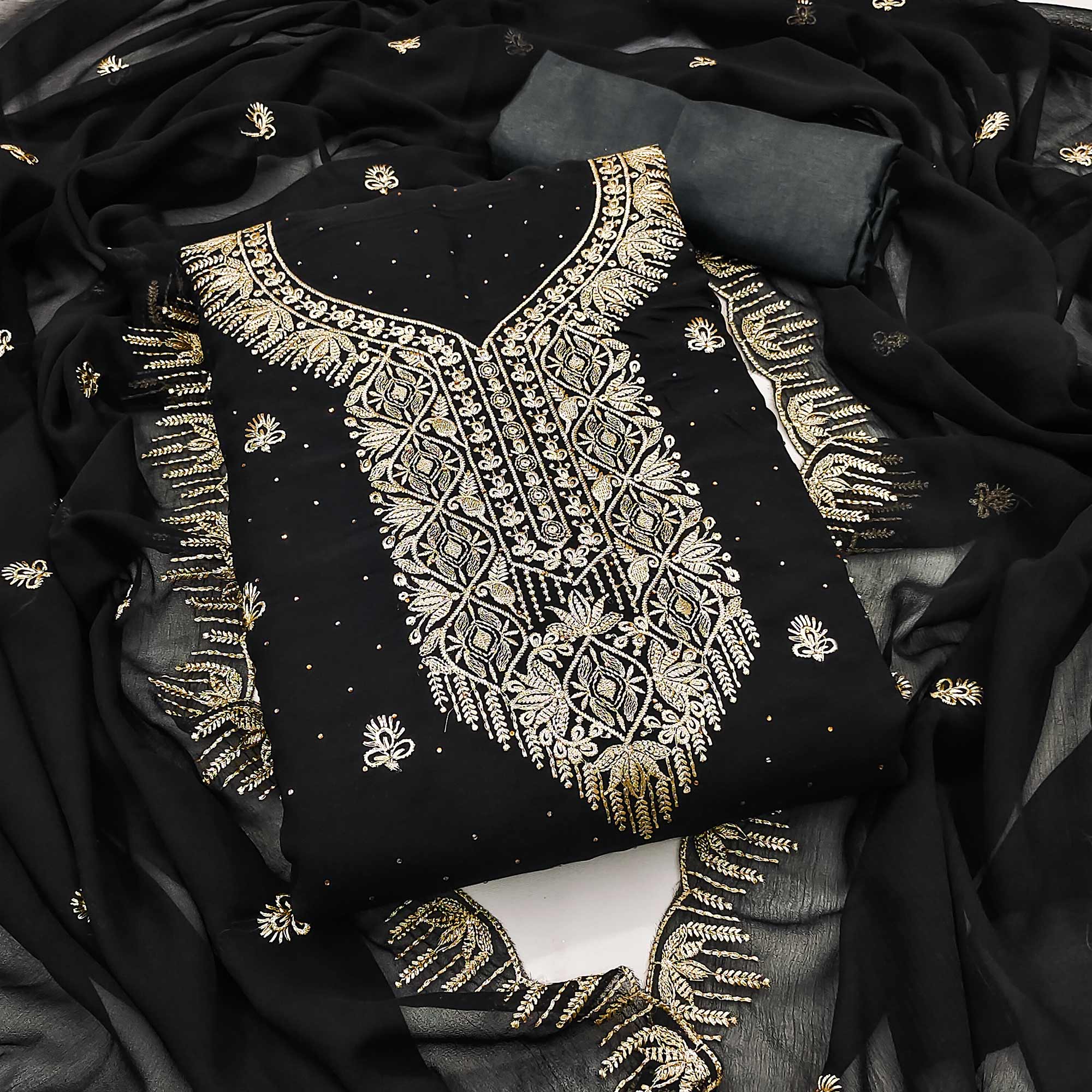 Black Floral Embroidered With Stonework Georgette Dress Material