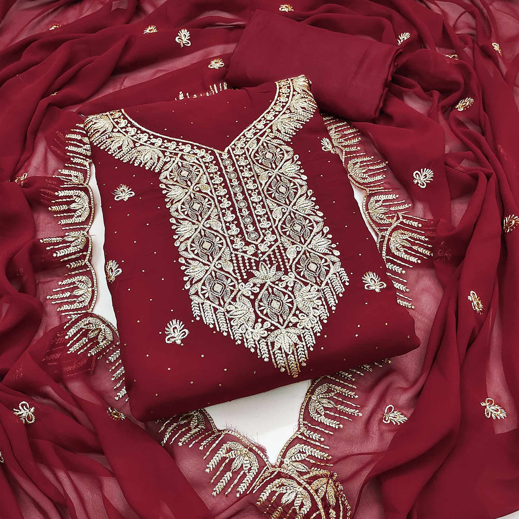 Maroon Floral Embroidered With Stonework Georgette Dress Material