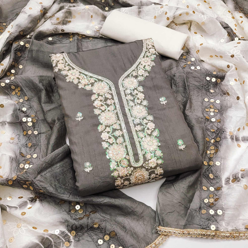 Grey Floral Sequins Embroidered Art Silk Dress Material