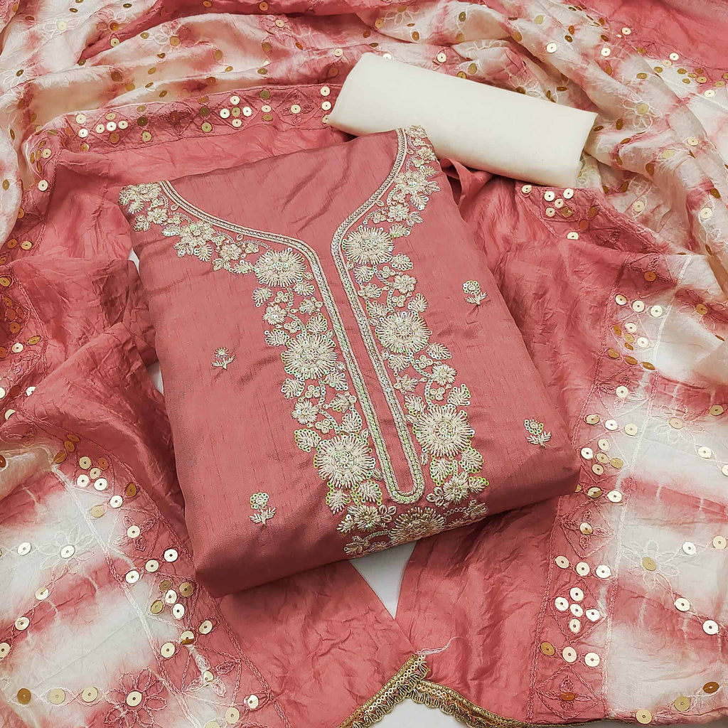 Peach Floral Sequins Embroidered Art Silk Dress Material