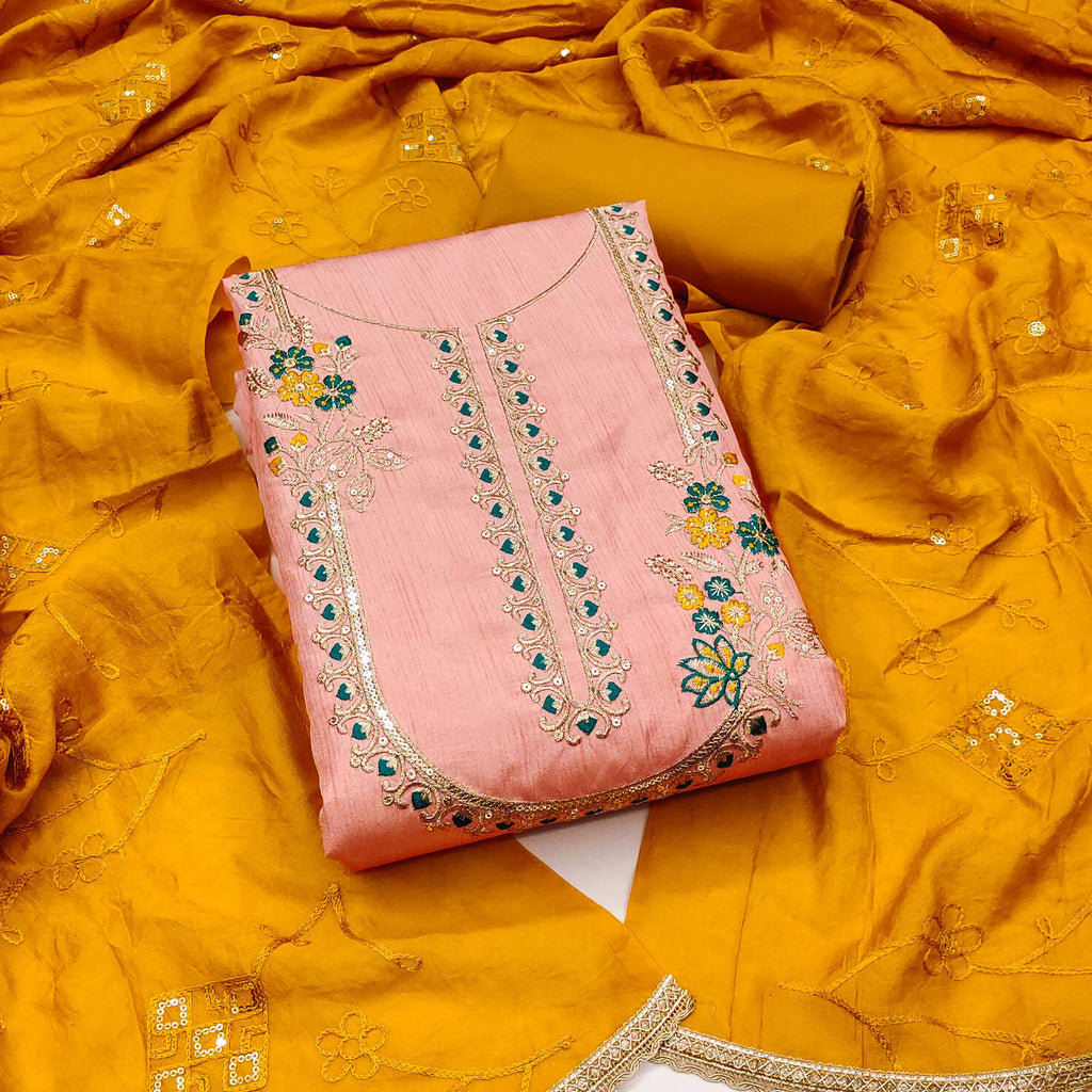 Peach Floral Sequins Embroidered Art Silk Dress Material