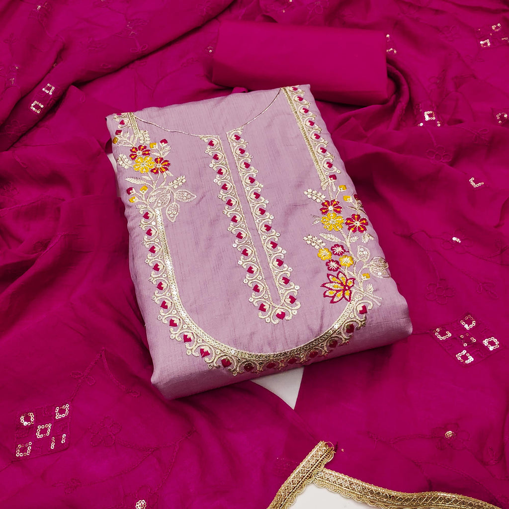 Pink Floral Sequins Embroidered Art Silk Dress Material