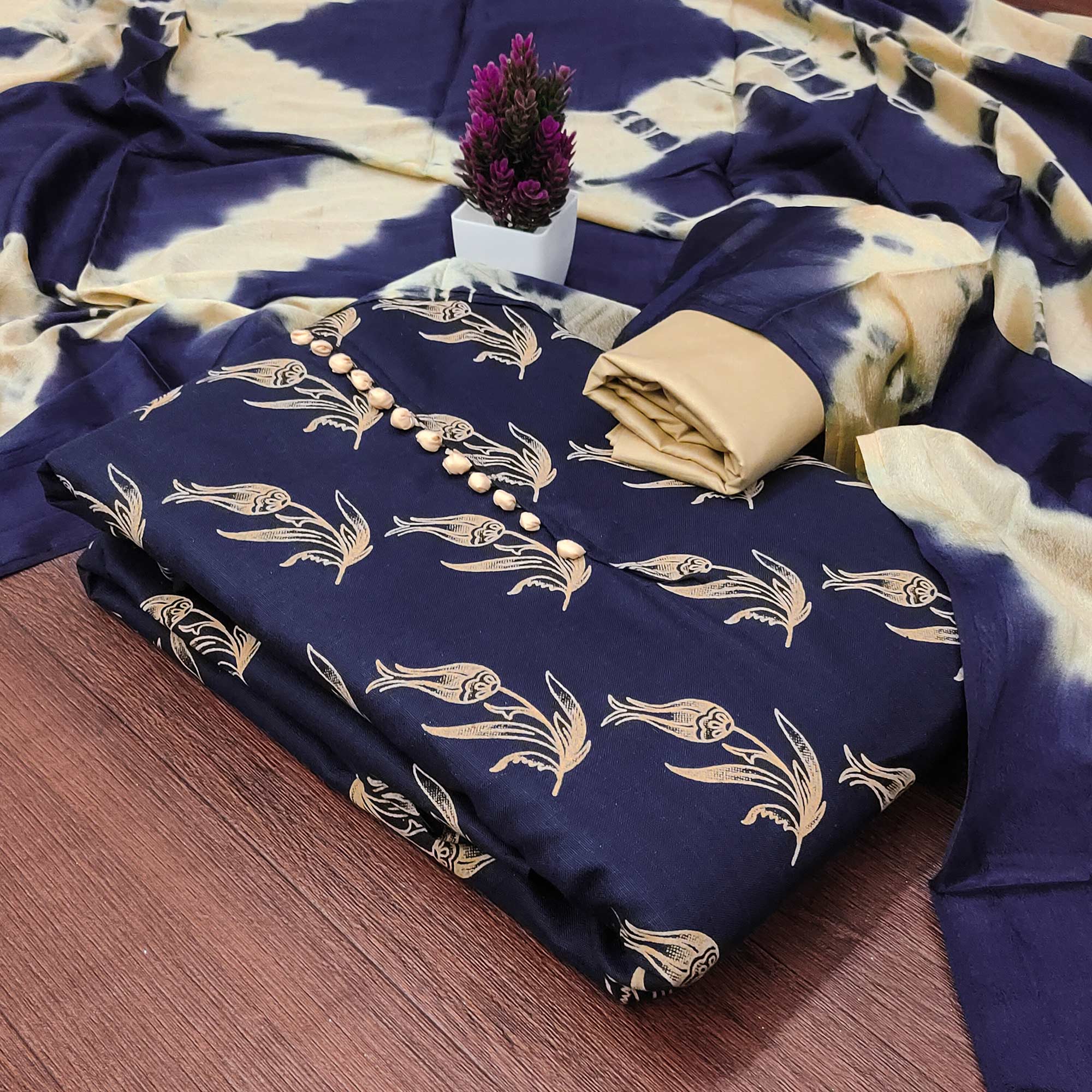 Navy Blue Floral Printed Slub Cotton Dress Material
