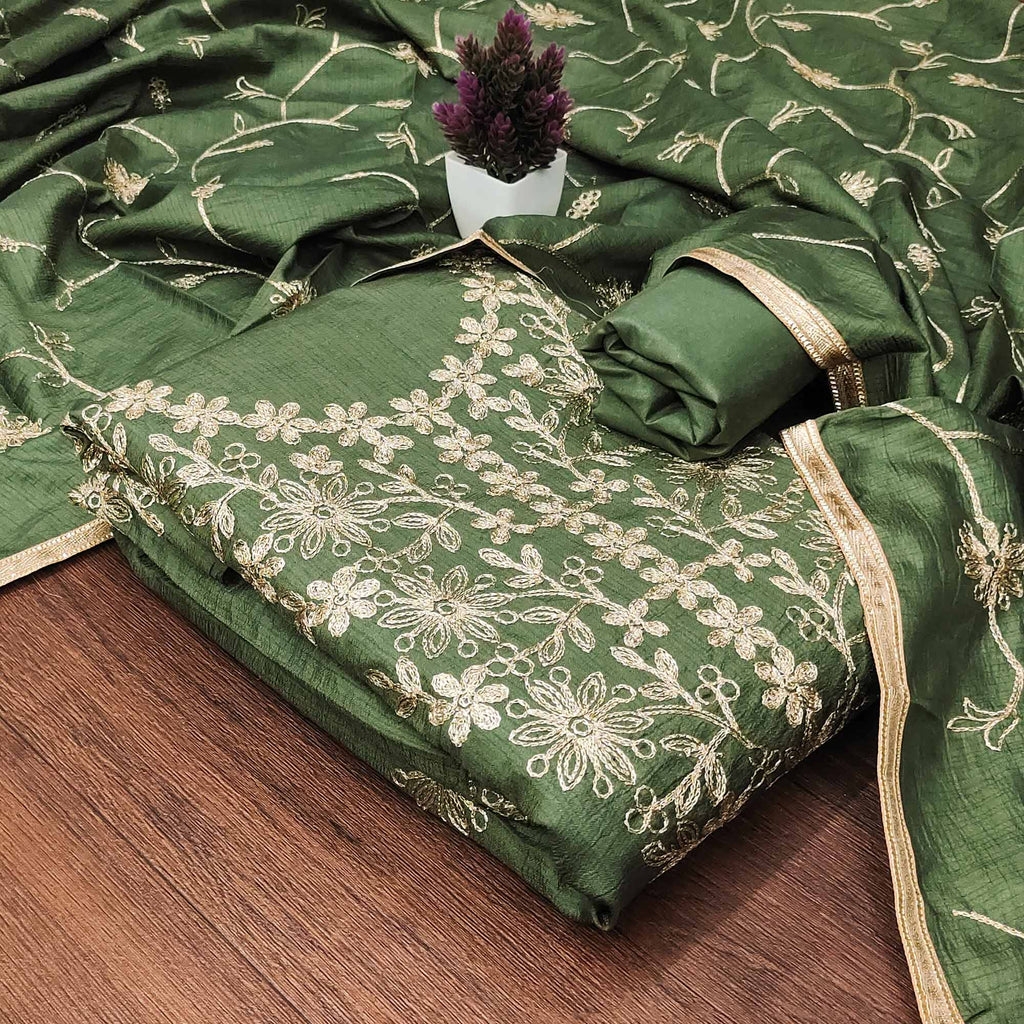 Green Floral Embroidered Art Silk Dress Material