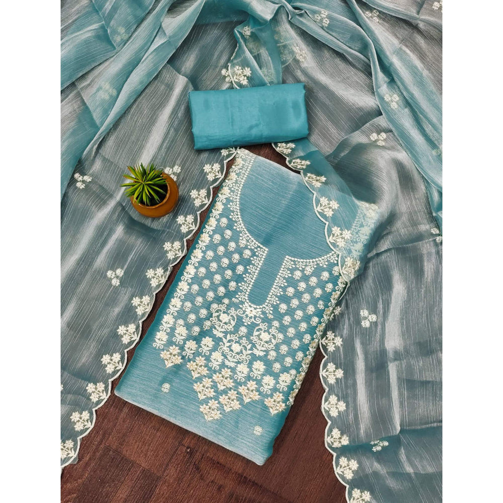 Blue Floral Embroidered Burberry Zoya Silk Dress Material