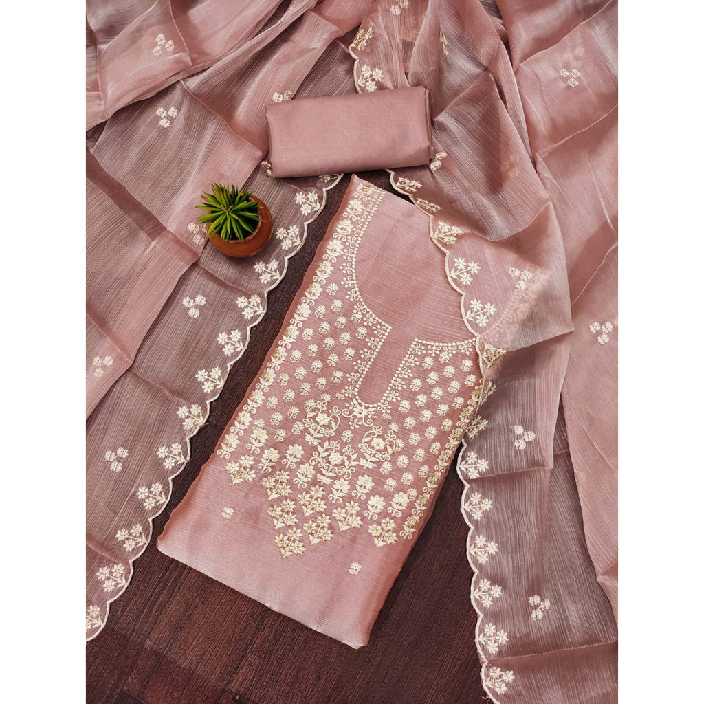 Dusty Rose Pink Floral Embroidered Burberry Zoya Silk Dress Material
