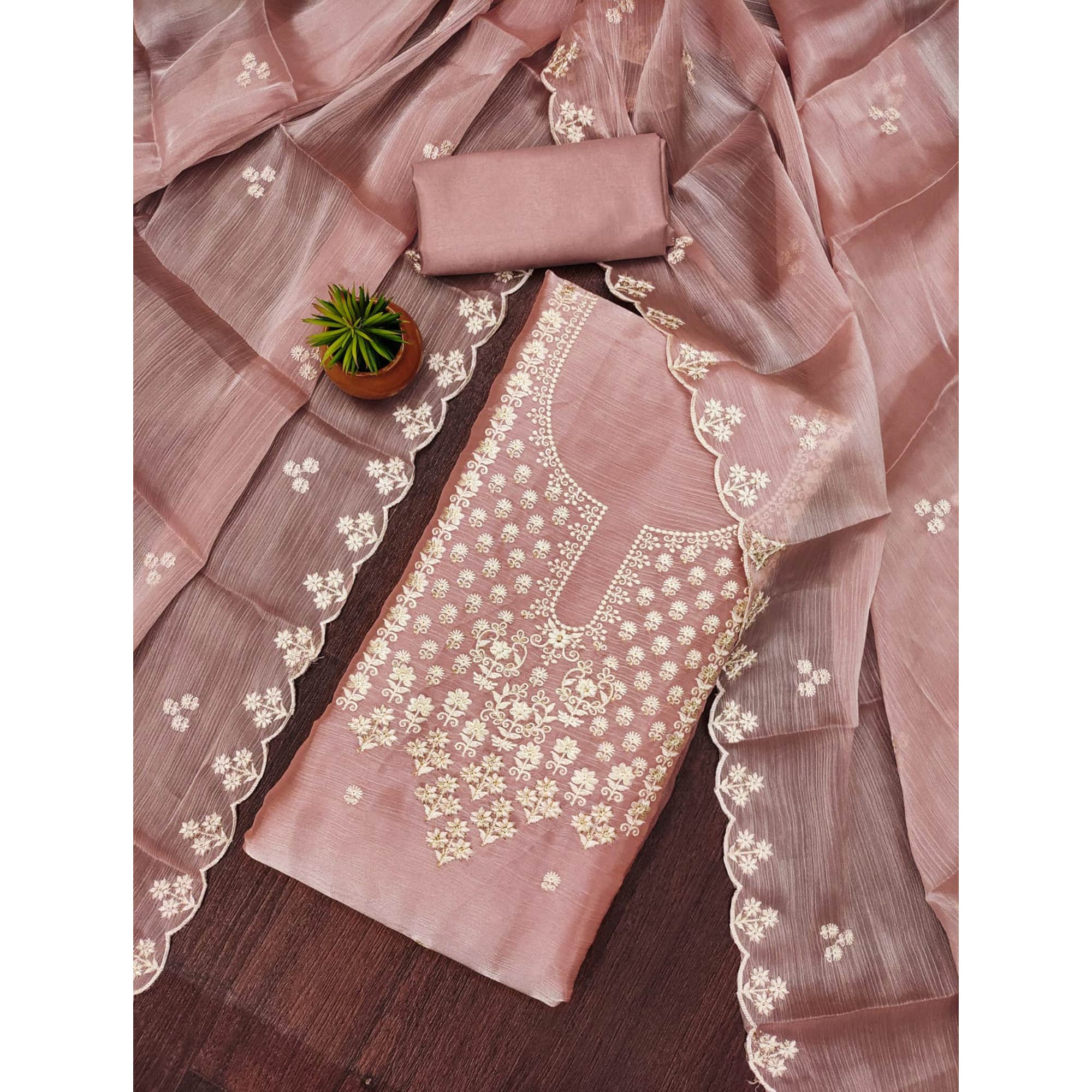 Dusty Rose Pink Floral Embroidered Burberry Zoya Silk Dress Material