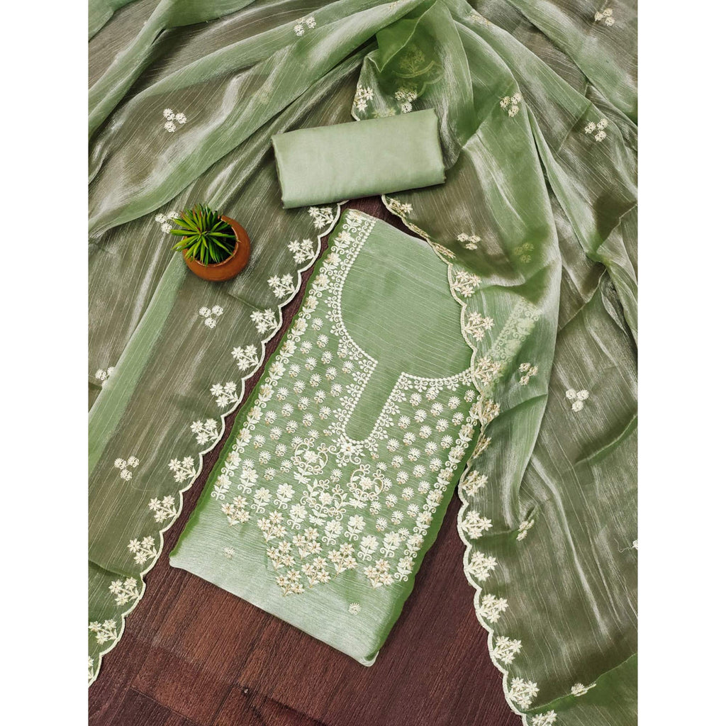 Green Floral Embroidered Burberry Zoya Silk Dress Material