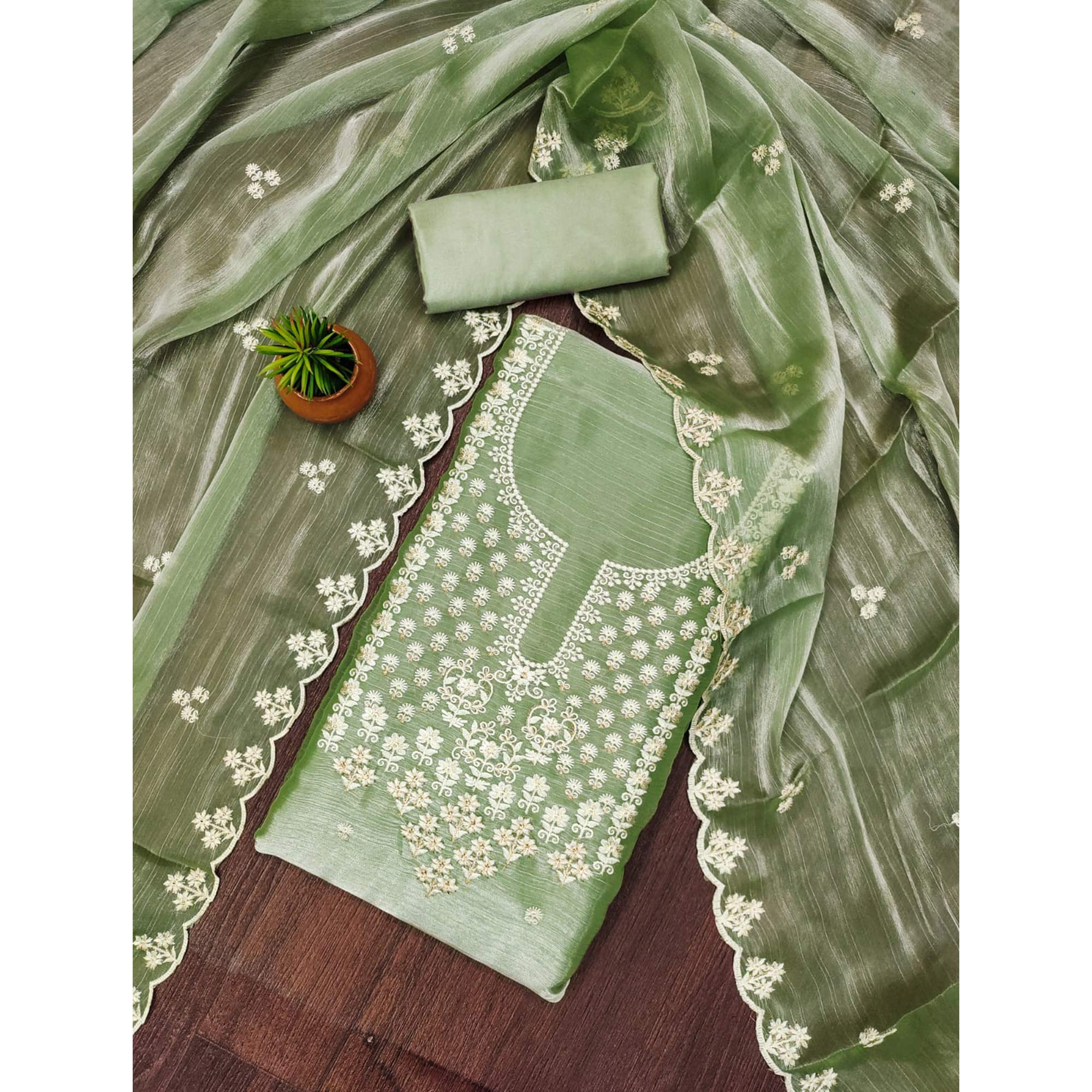 Green Floral Embroidered Burberry Zoya Silk Dress Material