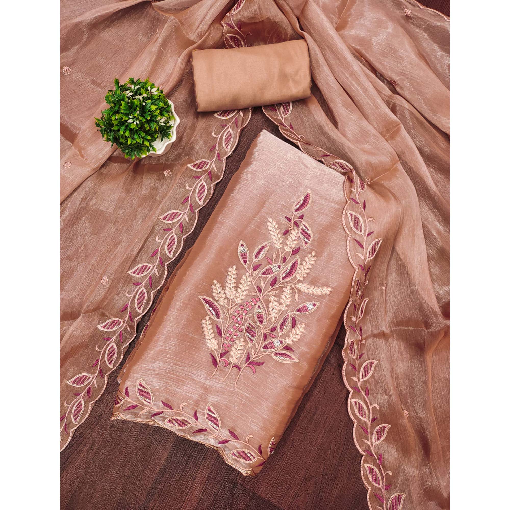 Dusty Peach Floral Sequins Embroidered Burberry Zoya Silk Dress Material