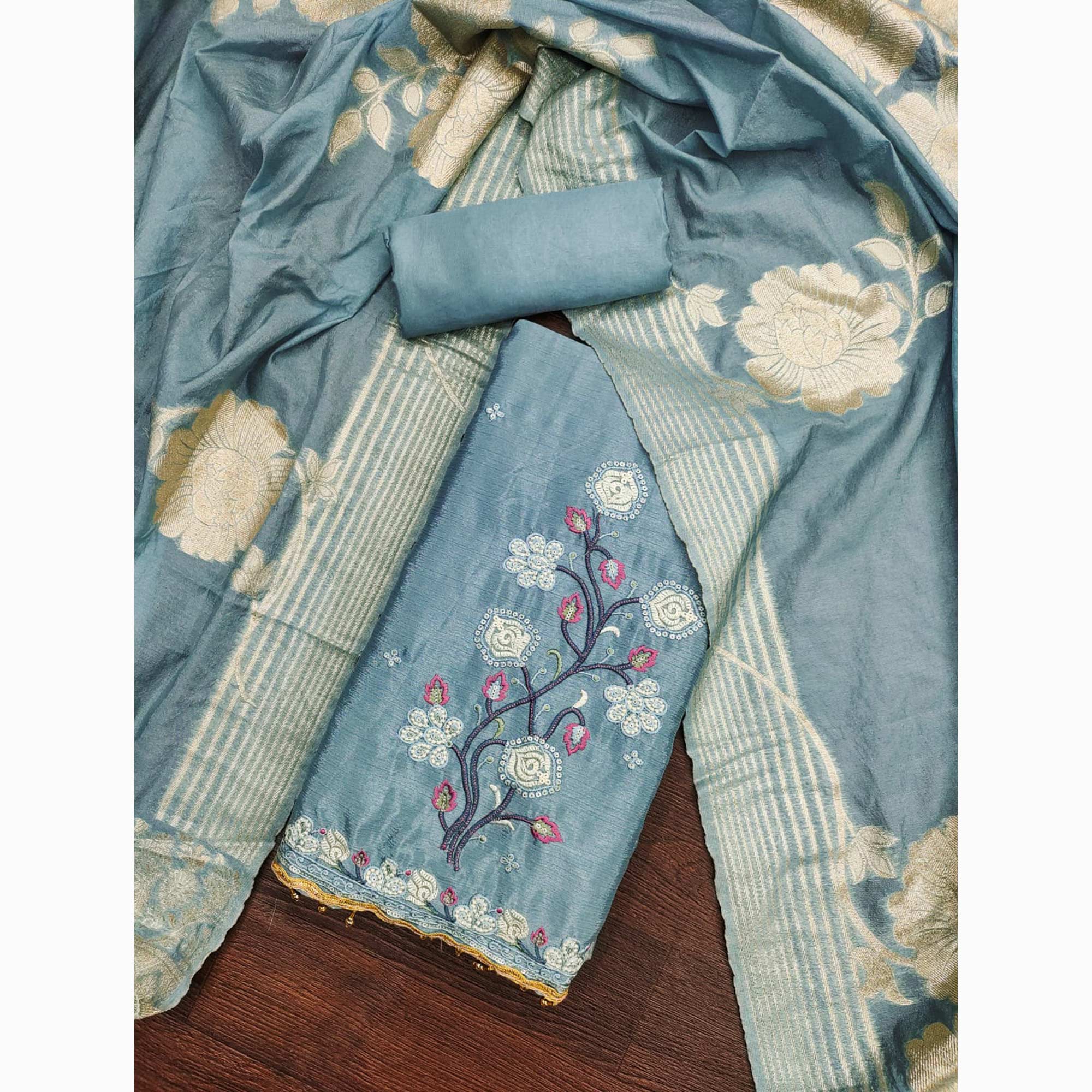 Blue Floral Embroidered Chinon Silk Dress Material