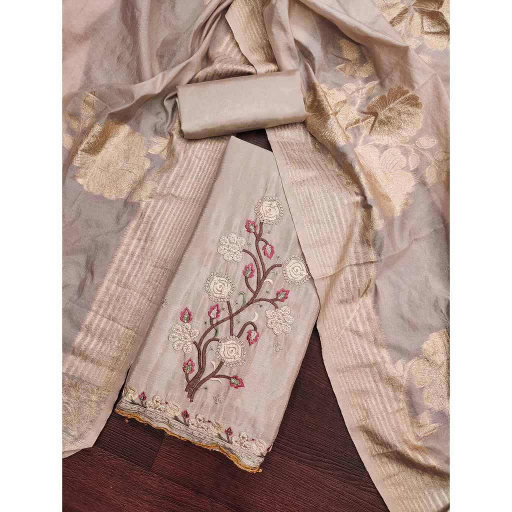 Chikoo Floral Embroidered Chinon Silk Dress Material