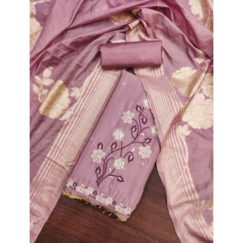 Light Mauve Floral Embroidered Chinon Silk Dress Material