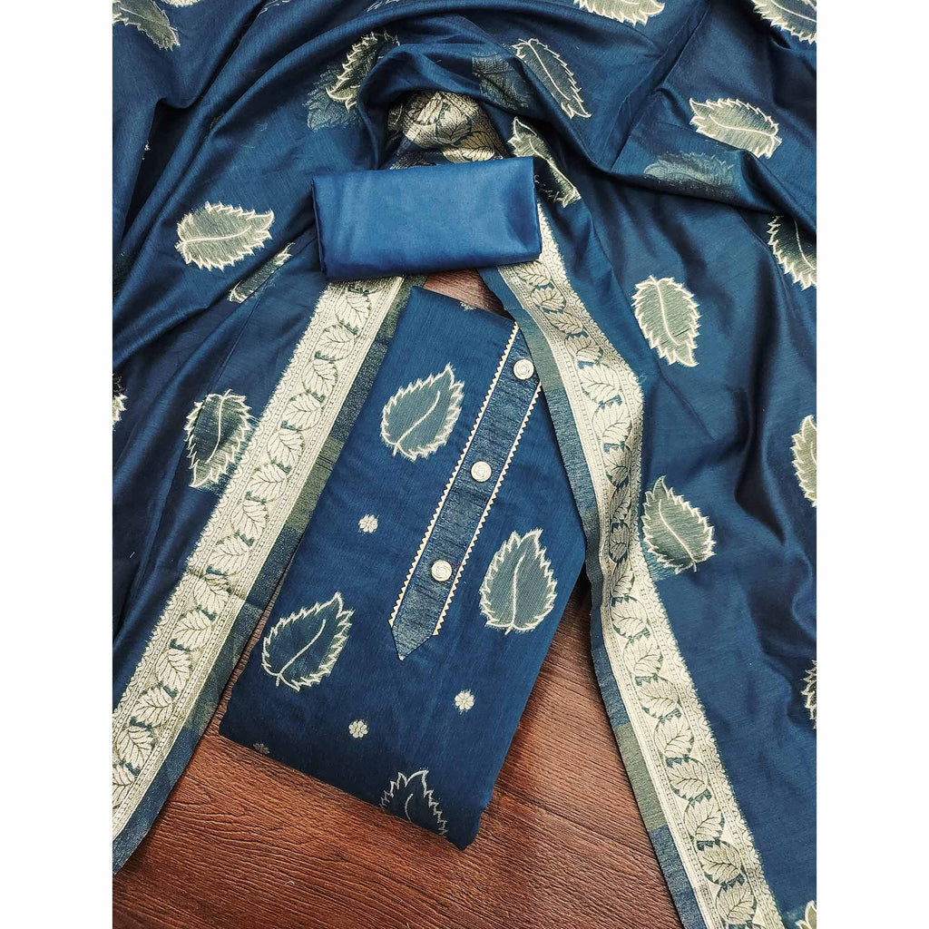 Blue Floral Woven Shimmer Jacquard Dress Material