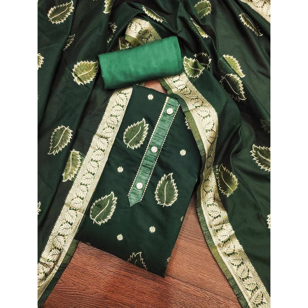 Green Floral Woven Shimmer Jacquard Dress Material