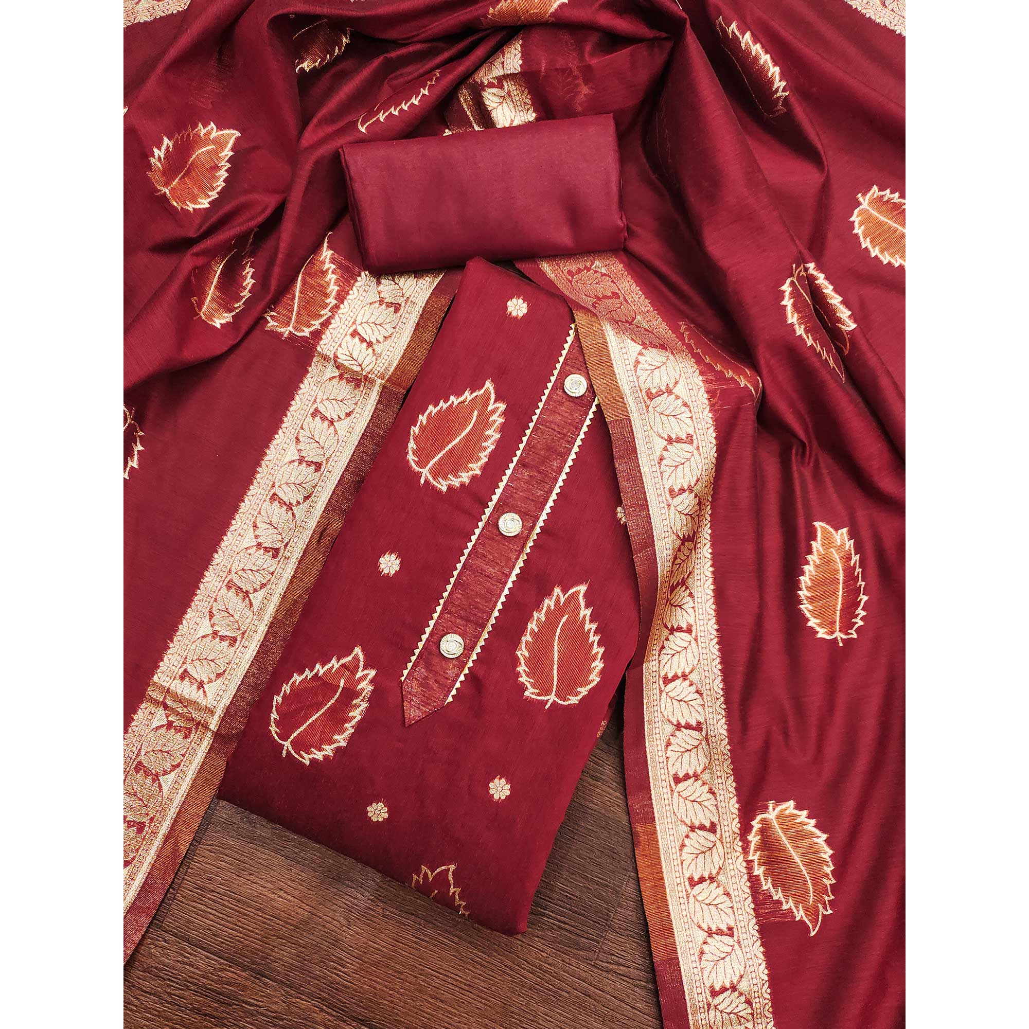 Maroon Floral Woven Shimmer Jacquard Dress Material