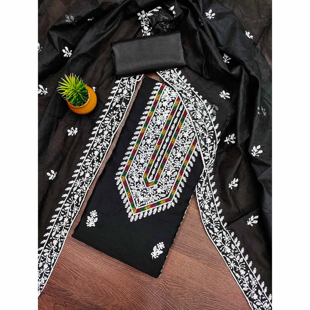 Black Floral Embroidered Modal Chanderi Silk Dress Material