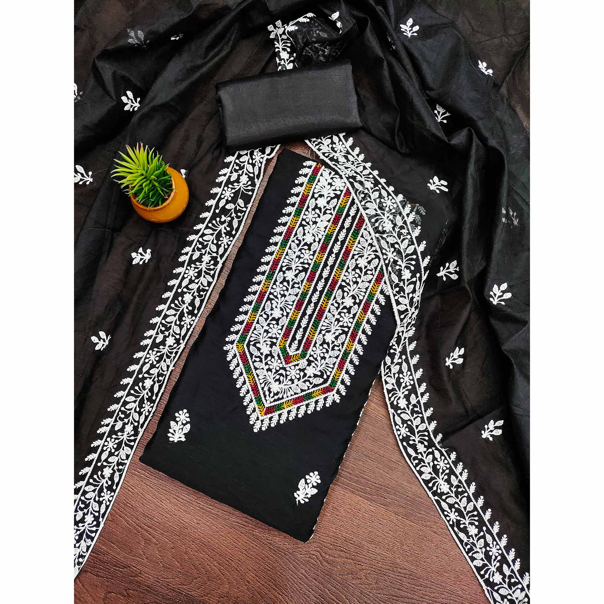 Black Floral Embroidered Modal Chanderi Silk Dress Material