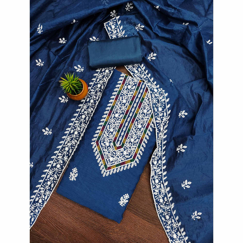 Blue Floral Embroidered Modal Chanderi Silk Dress Material