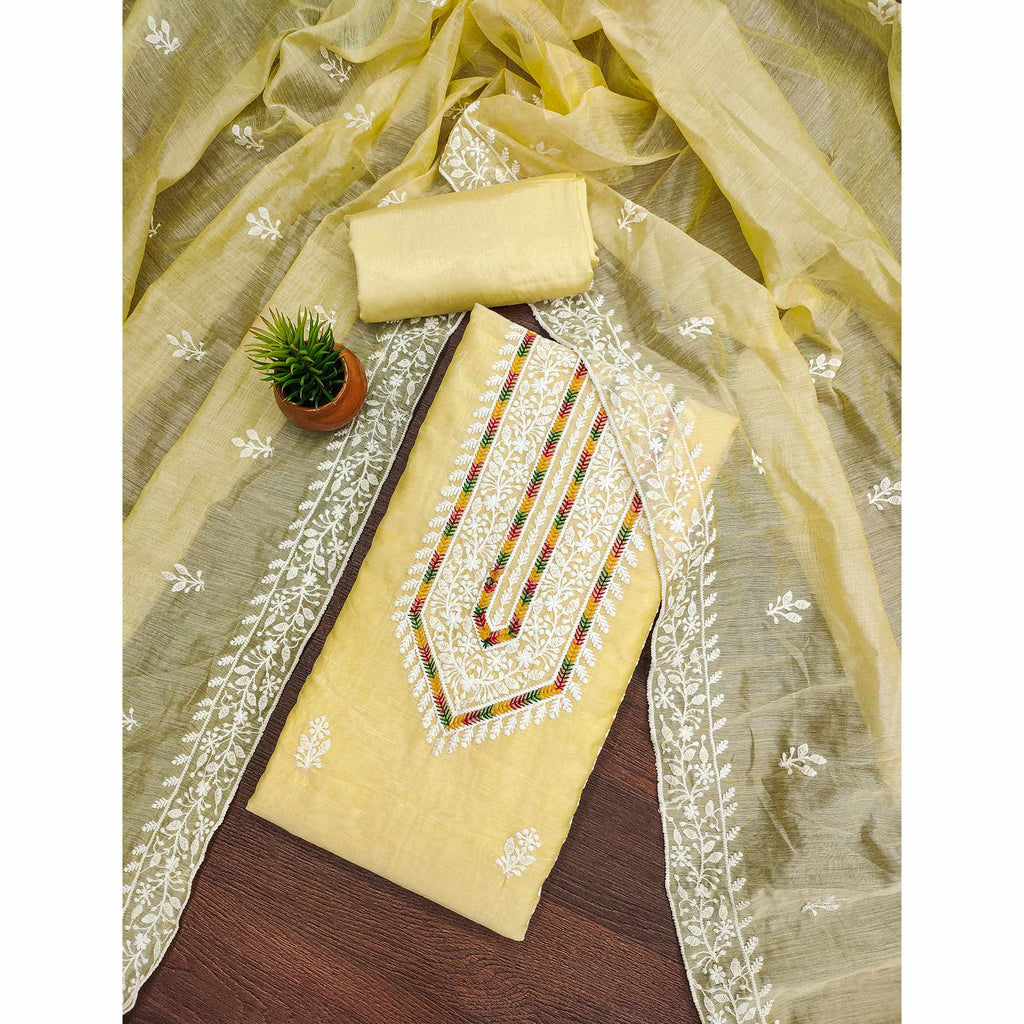 Light Yellow Floral Embroidered Modal Chanderi Silk Dress Material