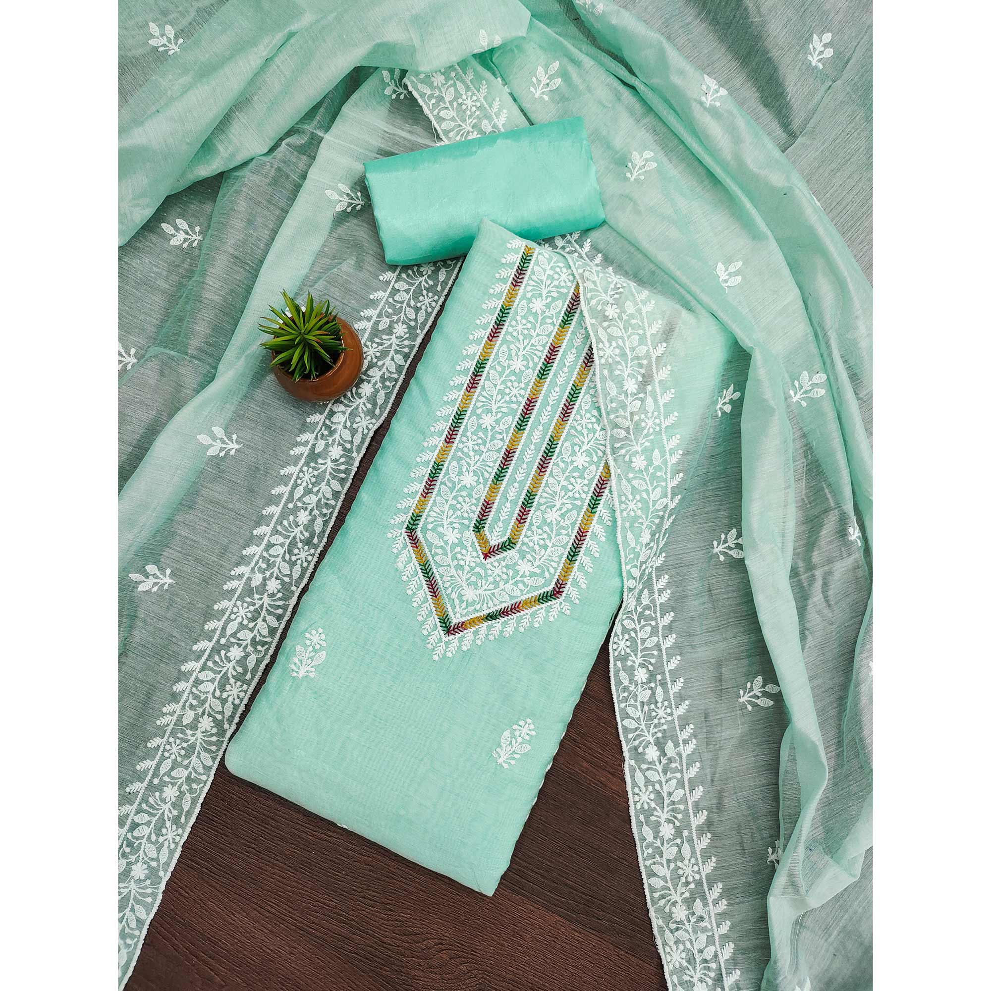Light Turquoise Floral Embroidered Modal Chanderi Silk Dress Material